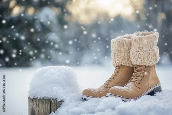 Fototapeta a pair of warm and cozy winter boots with knitted tops sitting on top, placed next to an old wooden post covered in snow, serene winter scene, atmosphere for christmas or new year