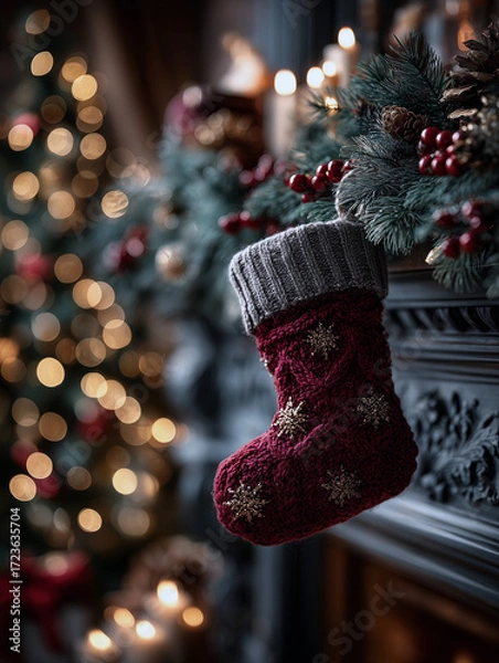 Fototapeta Christmas decor illustration: a desaturated red Christmas stocking on a mantelpiece adorned with Christmas greenery and colorful garlands. A traditional Christmas tree is depicted against a blurred 