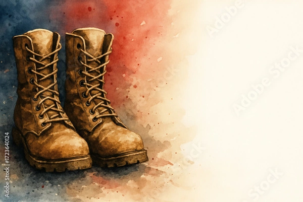Fototapeta Combat boots pair (toes forward) in promotional style for Veterans Day with copy space
