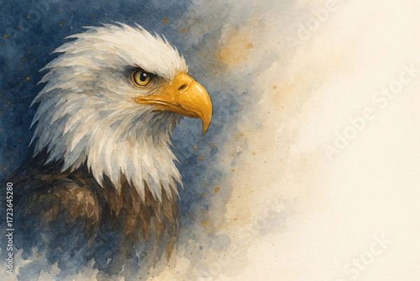 Fototapeta Bald eagle head (patriotic emblem) in promotional style for Veterans Day with copy space