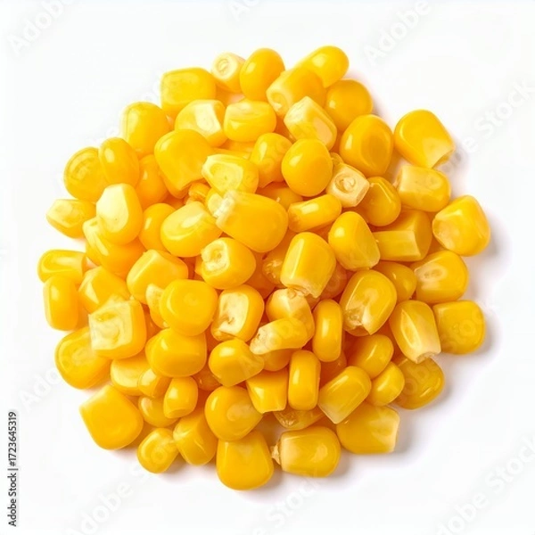 Fototapeta Pile of vibrant yellow corn kernels isolated on a clean white background, close up shot