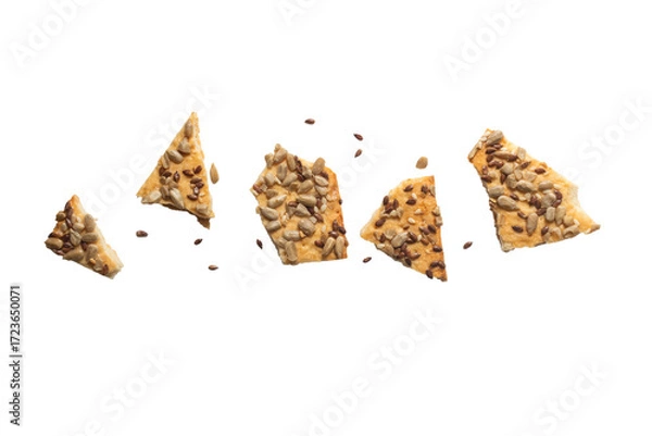 Fototapeta Stacked flax and sunflower seed cookies isolated on a white background are perfect for snack branding, packaging visuals,