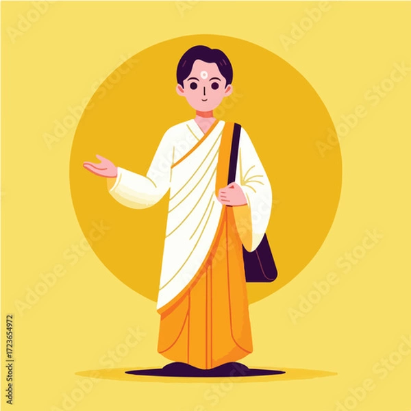 Fototapeta Young Buddhist Monk with a bag and a friendly gesture