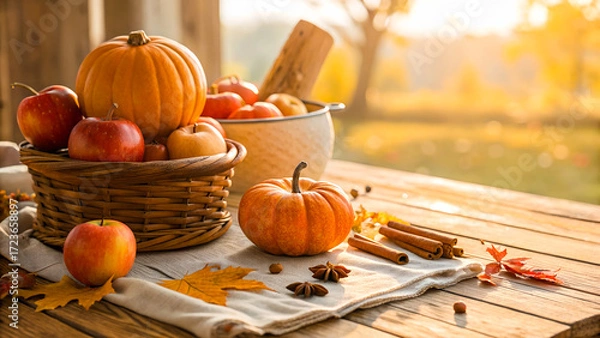 Fototapeta Cozy fall harvest flat lay, pumpkins, apples, cinnamon sticks, rustic wooden table, warm sunlight, shallow depth of field, cozy farmhouse style, wide composition with copy space, photorealistic.