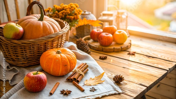 Fototapeta Cozy fall harvest flat lay, pumpkins, apples, cinnamon sticks, rustic wooden table, warm sunlight, shallow depth of field, cozy farmhouse style, wide composition with copy space, photorealistic.