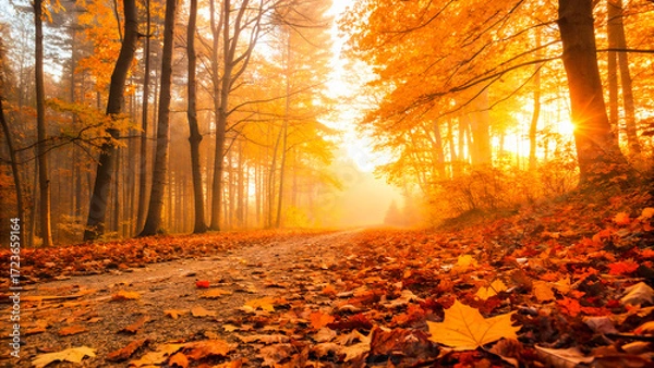 Fototapeta Golden autumn forest background, colorful leaves on the ground, warm sunset glow through trees, dreamy and peaceful atmosphere, soft focus background with space for text.