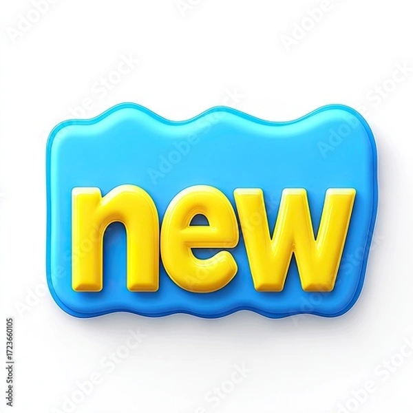 Fototapeta 3D "New" sign, bright yellow text on a light blue, wavy background