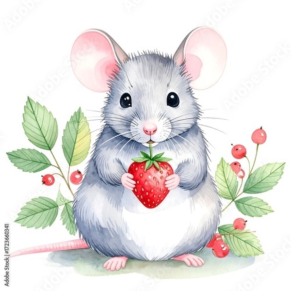 Obraz Cute gray mouse holding a strawberry