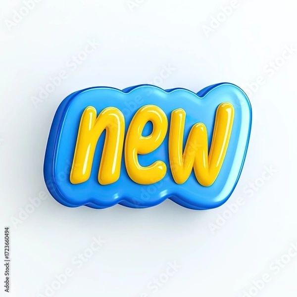 Fototapeta Cartoonish, 3D rendered, "NEW" in a light-blue, bubble-lettered, rounded-edged, yellow font on a white background