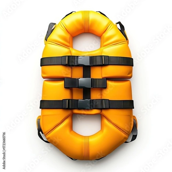 Fototapeta Top-down view of a bright orange life vest with black straps and buckles