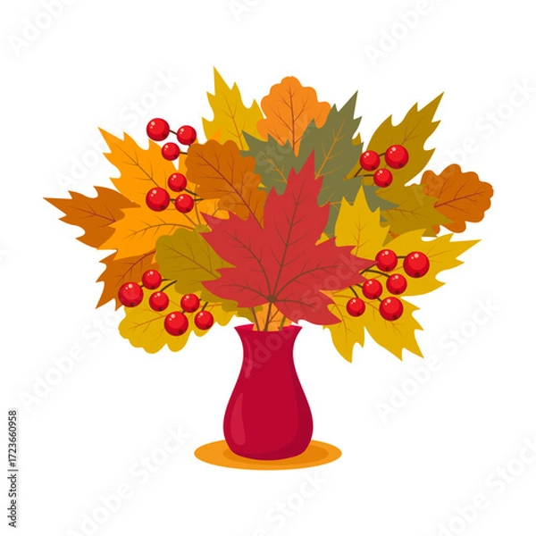 Obraz Autumn bouquet. Bouquet of autumn leaves in a vase.
Color vector illustration. Isolated on white background.	
