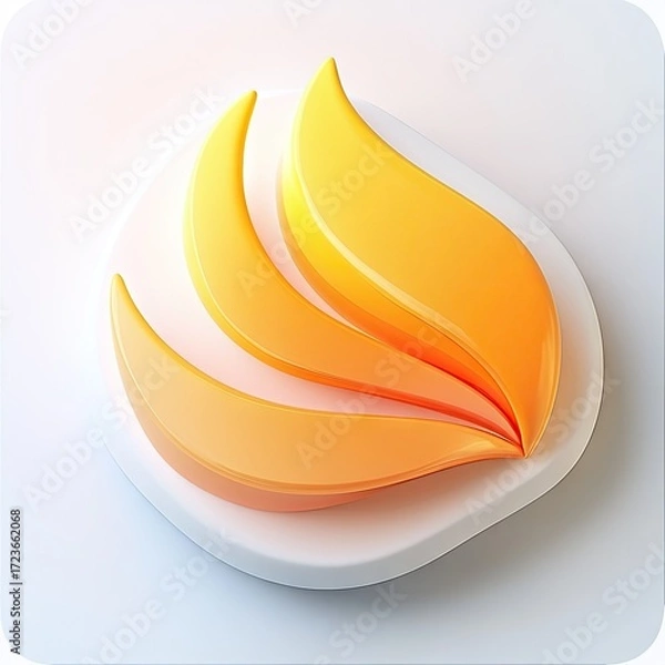 Fototapeta 3D stylized, orange-yellow flame-like symbol on a white square base