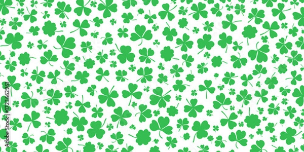 Fototapeta Shamrock or green clover leaves pattern background flat design vector illustration. St Patrick Day shamrock symbols decorative elements horizontal pattern texture.