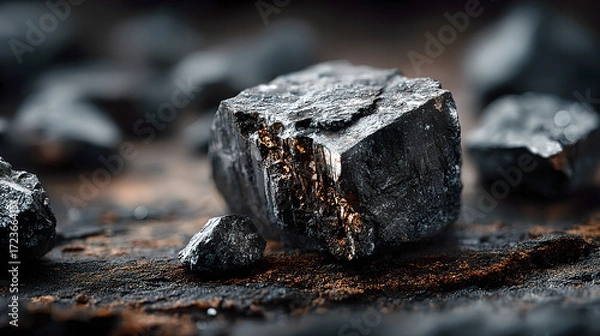 Fototapeta Raw molybdenum ore crystals on black shale with metallic reflections,showcasing strategic mineral resources and clean energy materials for industrial use.