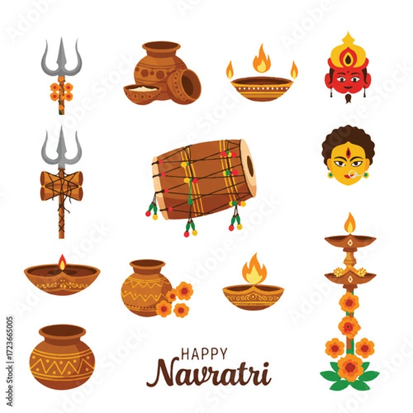Fototapeta Vibrant flat 2D vector illustration showcasing traditional Navratri cultural symbols, including a sacred trishul and a festive drum, isolated on a clean white background.