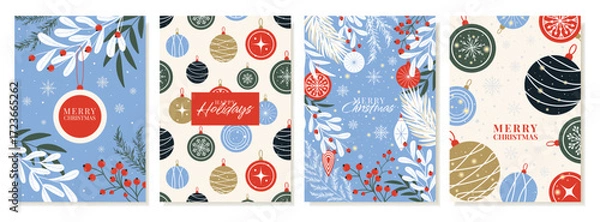 Fototapeta Colorful Christmas Cards With Christmas balls, fir branches. Vector design for greeting cards, covers, web pages.