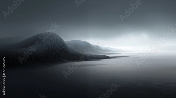Fototapeta Minimalist mountain landscape with calm lake reflection in monochrome tones, serene nature concept for meditation and tranquility