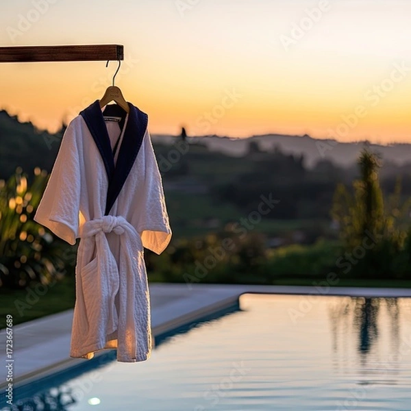 Fototapeta White robe hangs by pool at sunset (2)