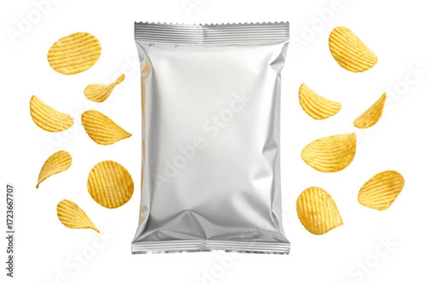 Obraz Crispy rippled potato chips cascade around a pristine silver snack bag perfect for product mockups and advertising