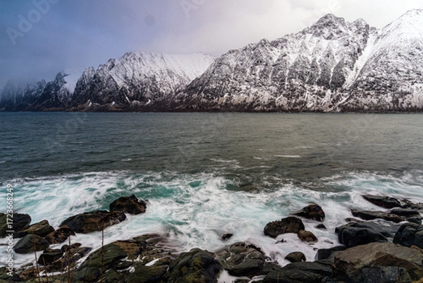 Obraz Snow-Covered Mountains by the Arctic Sea with Rocky Shoreline