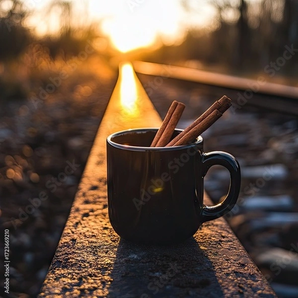 Fototapeta A dark mug with cinnamon sticks sits on train tracks at sunset