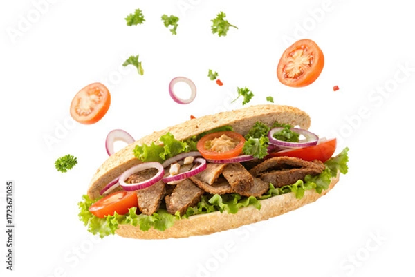 Obraz Deliciously fresh sub sandwich bursting with savory meat, crisp lettuce, juicy tomatoes, and vibrant onion rings ready to eat