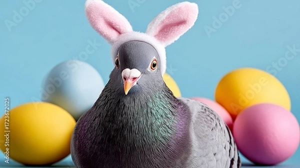 Fototapeta Pigeon wearing cute bunny ears, surrounded by colorful Easter eggs, creating a whimsical and playful atmosphere, perfect for festive celebrations and seasonal decorations with a touch of humor