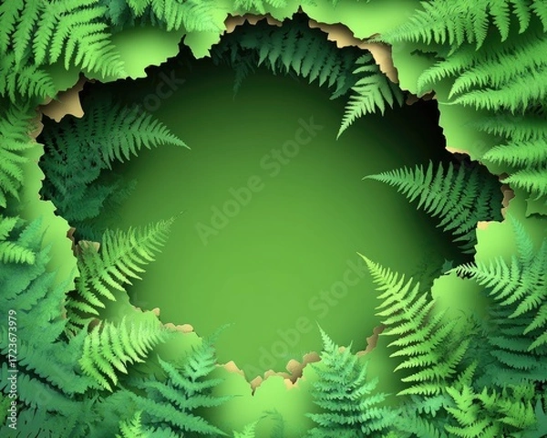 Fototapeta Green fern foliage frame a green background, torn paper effect. Use as a nature-themed design element for invitations or banners.