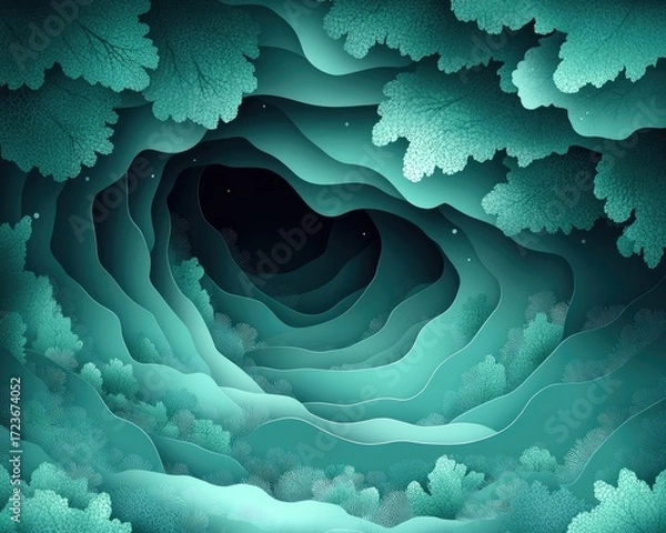 Fototapeta Abstract teal landscape with layered hills and trees, dark cave entrance. Ideal for backgrounds or art projects with nature and depth.