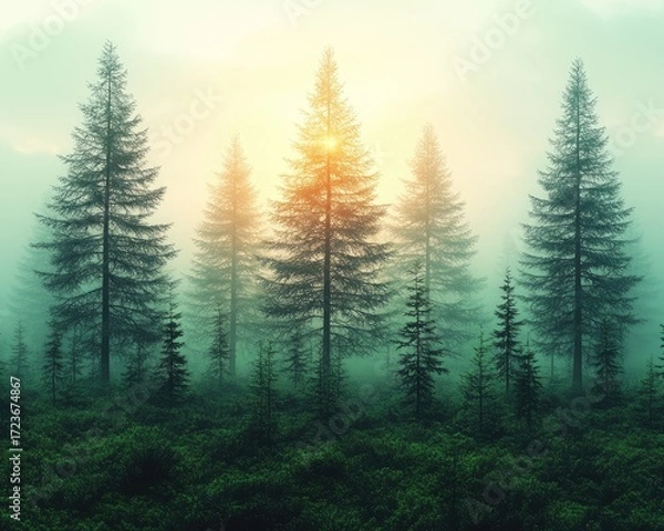 Fototapeta Misty green pine forest landscape with sunlight shining through the trees. Use for nature scenes, backgrounds, or creative design projects.