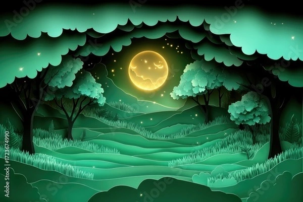 Fototapeta Green paper landscape with moon and stars glows. Perfect for fantasy, magical stories, and peaceful concepts.