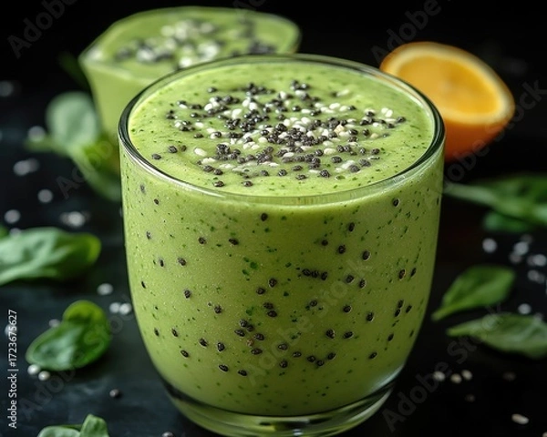 Fototapeta Delicious green smoothie with chia seeds, spinach and orange slice. Use to show healthy eating, detox or vibrant summer drink concepts.