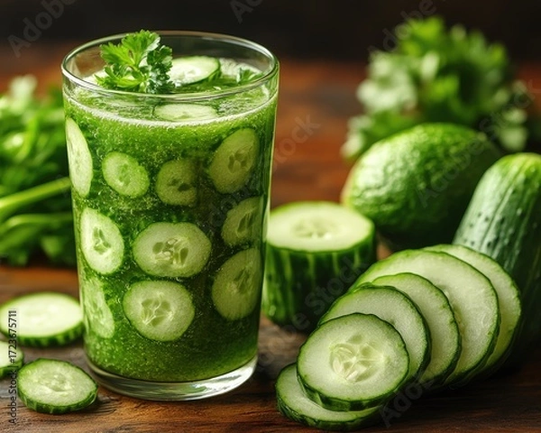 Fototapeta A glass full of green cucumber smoothie with parsley on wooden surface. Ideal for detox, healthy diet or fresh summer drink concept.