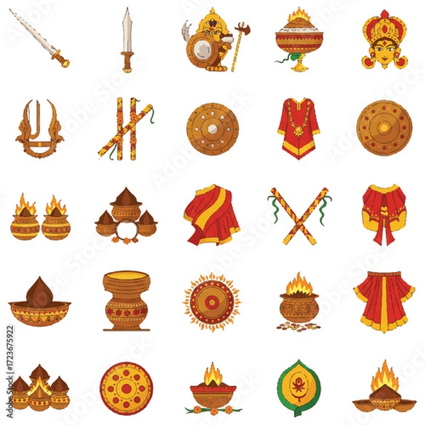Fototapeta Vibrant flat 2D vector illustration showcases a set of traditional Navratri religious icons, featuring a ceremonial sword and shield, all presented cleanly on a plain white background.