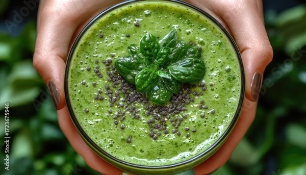 Fototapeta Close-up of hands holding green smoothie with basil and chia seeds topping. Use for articles about healthy eating and promoting a nutritious lifestyle.