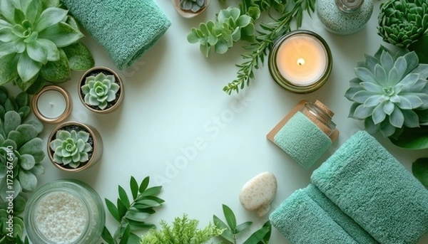 Fototapeta Overhead shot of bath items, succulents, a candle and a light green background. Use it to display your wellness and self-care products or design.