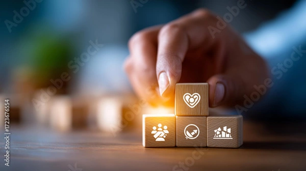Fototapeta A hand arranges wooden blocks with teamwork and partnership icons, hyper-realistic symbols with clear textures, moody shadows on a table, bright saturation in collaboration visuals