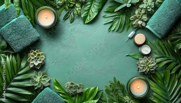 Fototapeta Green spa layout with towels, plants, candles on textured surface. Best for wellness, healthcare, and aromatherapy design projects.