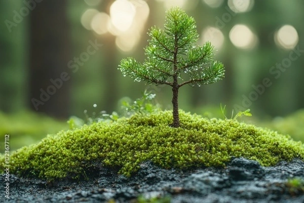 Fototapeta A sapling with dew drops growing on moss, bokeh background. Symbolizes growth, resilience and the beauty of nature.