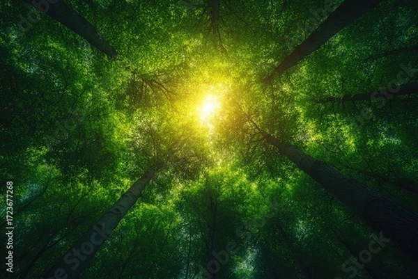 Fototapeta Looking up through tall green trees with sunburst shining brightly. Use this nature photo to convey calmness, growth, and inspiration.