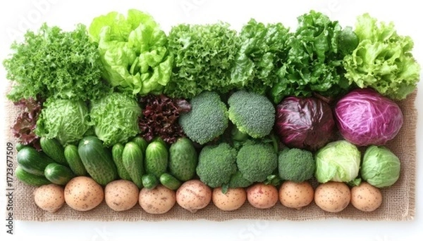 Fototapeta Fresh vegetables line-up on burlap cloth, ready to be prepared as salad. It's perfect for a healthy lifestyle, cooking blogs, or nutrition websites.
