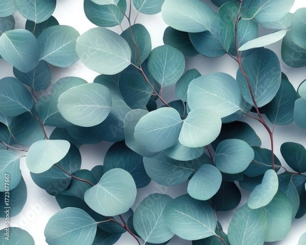 Fototapeta Closeup of eucalyptus leaves with fine veins and textures on a white background. Use this for elegant designs, invitations, or website backgrounds.