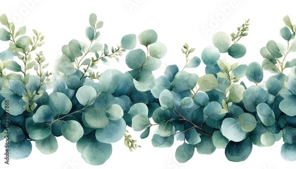 Fototapeta Watercolor eucalyptus branch frame on white background. Perfect for wedding invitations or greeting card designs.