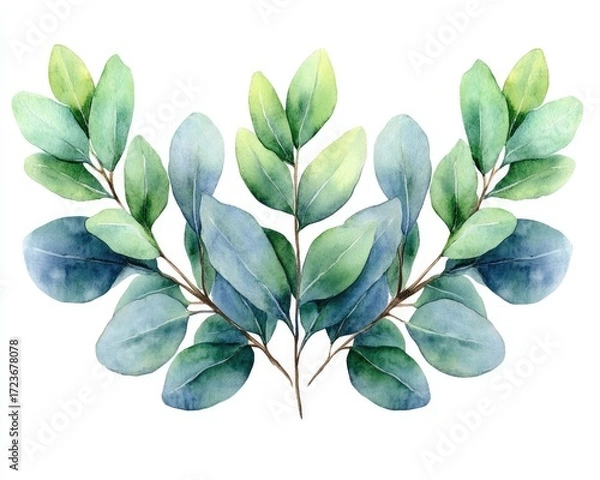 Fototapeta Watercolor eucalyptus branches with green-blue leaves in horizontal composition. Itâ€™s suitable for invitations, cards, wedding design and botanical decoration.