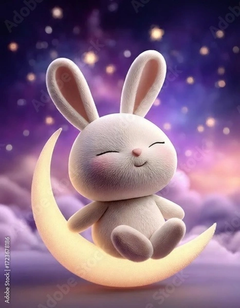 Obraz 三日月の上に座るふわふわの白いウサギ