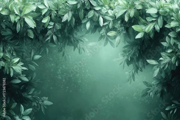 Fototapeta Green leaves frame background with mist effect and copy space. Ideal for nature-themed designs, invitations, or digital backdrops.