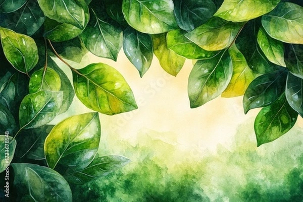 Fototapeta Lush green leaves frame a golden backdrop in a watercolor style design. Use as background to convey a natural, organic, or peaceful theme.