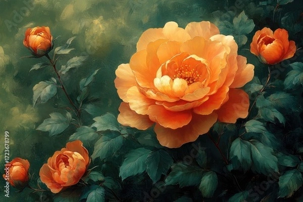 Fototapeta Painted roses are displayed with textured green leaves in a floral arrangement. Use it for backgrounds, invitations, or any springtime design project.