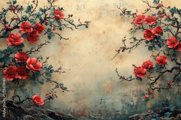 Fototapeta Red camellia blossoms on branches with green leaves around a textured wall. Ideal for backgrounds, invitations, or any project needing floral elegance.