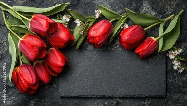 Fototapeta Red tulips are arranged in a frame on textured dark stone background. Perfect for product mockups, spring cards, and romantic designs.